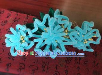 Traditional Chinese Qing Dynasty Blue Velvet Chrysanthemum Hair Comb Hairpins Handmade Ancient Palace Hair Accessories for Women