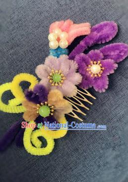 Traditional Chinese Qing Dynasty Velvet Flowers Hair Comb Hairpins Handmade Ancient Palace Hair Accessories for Women