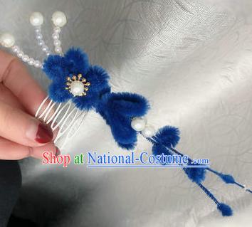 Traditional Chinese Qing Dynasty Royalblue Velvet Flowers Hair Comb Hairpins Handmade Ancient Palace Hair Accessories for Women