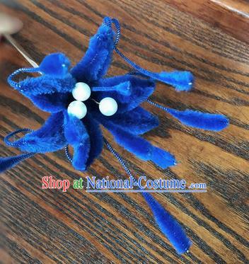 Traditional Chinese Qing Dynasty Royalblue Velvet Flower Hairpins Handmade Ancient Palace Hair Accessories for Women