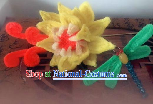 Traditional Chinese Qing Dynasty Velvet Dragonfly Lotus Hairpins Handmade Ancient Manchu Lady Hair Accessories for Women