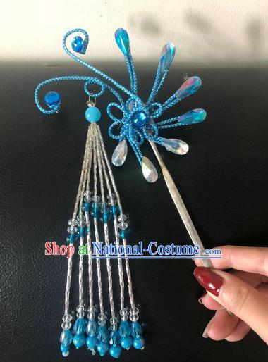 Traditional Chinese Qing Dynasty Blue Hairpins Handmade Ancient Manchu Lady Hair Accessories for Women