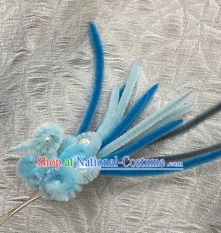 Traditional Chinese Handmade Palace Hair Accessories Ancient Qing Dynasty Blue Velvet Bird Hairpins for Women