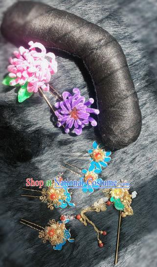 Traditional Chinese Ancient Qing Dynasty Velvet Flowers Hairpins Handmade Palace Hair Accessories for Women