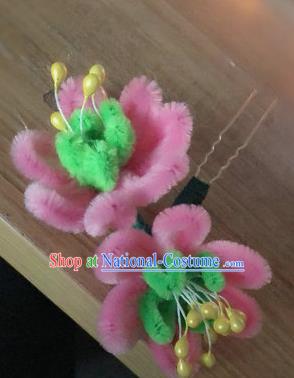 Traditional Chinese Qing Dynasty Pink Velvet Flowers Hairpins Handmade Ancient Palace Hair Accessories for Women