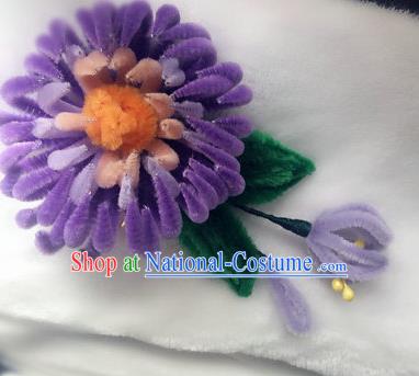 Traditional Chinese Ancient Qing Dynasty Purple Velvet Chrysanthemum Hairpins Handmade Palace Hair Accessories for Women