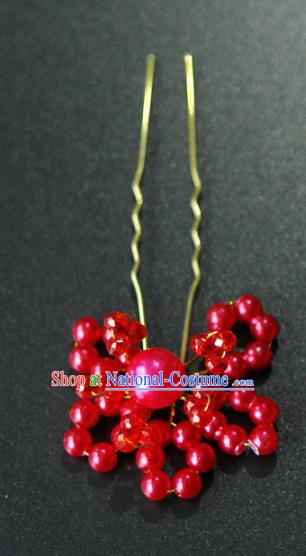 Traditional Chinese Wedding Red Beads Hairpins Handmade Ancient Bride Hair Accessories for Women