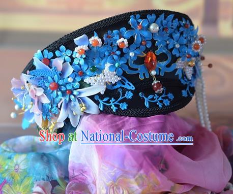 Chinese Qing Dynasty Manchu Imperial Consort Royal Hat Headwear Hairpins Ancient Handmade Queen Hair Accessories for Women