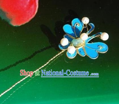 Handmade Chinese Ancient Princess Hairpins Blue Butterfly Hair Clip Headwear Hair Accessories for Women