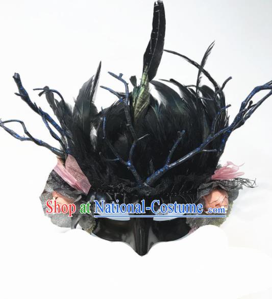 Top Halloween Stage Show Face Accessories Brazilian Carnival Catwalks Black Feather Mask for Women