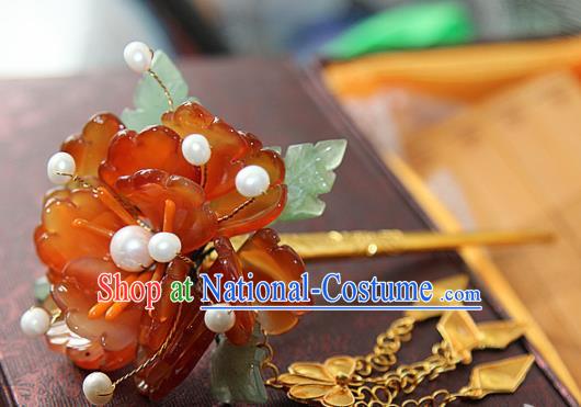 Chinese Handmade Hanfu Red Peony Hairpins Traditional Ancient Princess Hair Accessories for Women