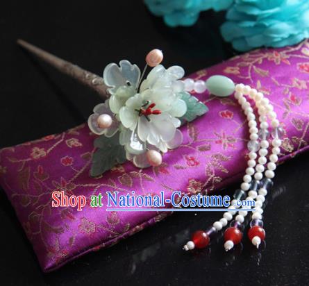 Chinese Handmade Hanfu Green Peony Pearls Tassel Hairpins Traditional Ancient Princess Hair Accessories for Women