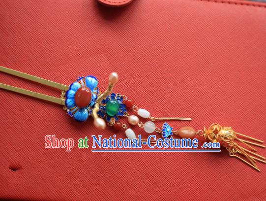 Chinese Handmade Hanfu Golden Tassel Blueing Hairpins Traditional Ancient Princess Hair Accessories for Women