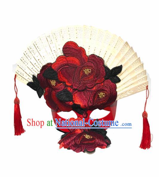 Top Halloween Stage Show Cosplay Embroidered Red Peony Face Mask Brazilian Carnival Catwalks Accessories for Women