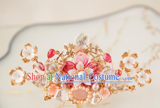 Chinese Handmade Pink Peach Blossom Hair Crown Hairpins Traditional Ancient Princess Hair Accessories for Women