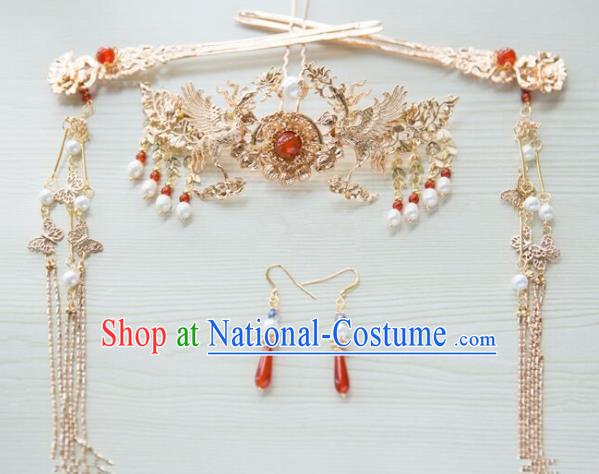 Chinese Handmade Hanfu Cranes Hair Crown Tassel Hairpins Traditional Ancient Princess Hair Accessories for Women