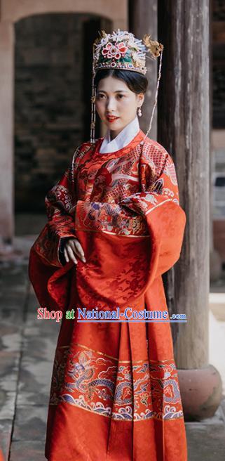 Chinese Ancient Ming Dynasty Royal Queen Wedding Hanfu Dress Traditional Imperial Empress Embroidered Red Historical Costume for Women