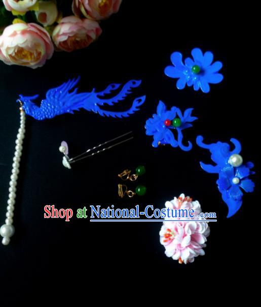 Chinese Handmade Hanfu Palace Blue Phoenix Hair Clip Hairpins Traditional Ancient Princess Hair Accessories for Women