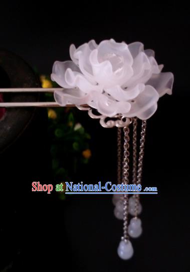 Chinese Handmade Hanfu Palace Hairpins White Peony Tassel Hair Clip Traditional Ancient Princess Hair Accessories for Women