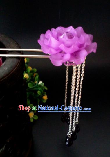 Chinese Handmade Hanfu Palace Hairpins Purple Peony Tassel Hair Clip Traditional Ancient Princess Hair Accessories for Women