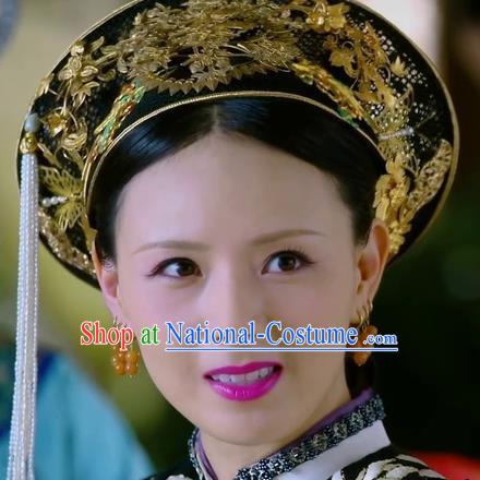 Chinese Handmade Hanfu Qing Dynasty Royal Lady Golden Hat and Hairpins Traditional Ancient Imperial Consort Hair Accessories for Women