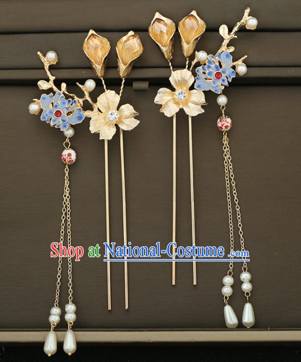 Handmade Chinese Traditional Hair Accessories Ancient Princess Blueing Lotus Hairpins for Women