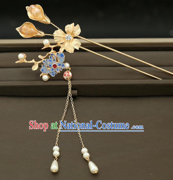 Handmade Chinese Traditional Hair Accessories Ancient Princess Blueing Lotus Hairpins for Women