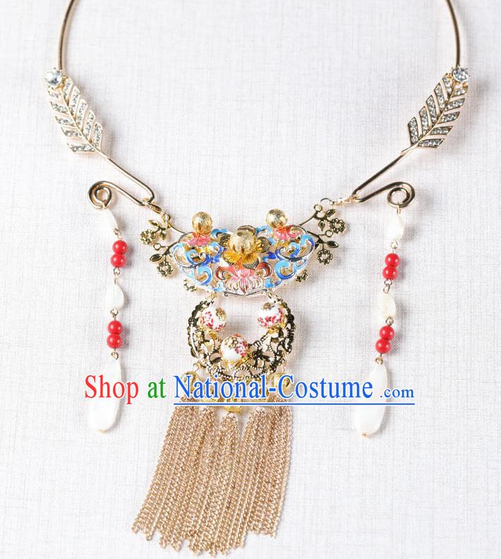 Chinese Handmade Hanfu Blueing Tassel Necklace Traditional Ancient Princess Necklet Jewelry Accessories for Women