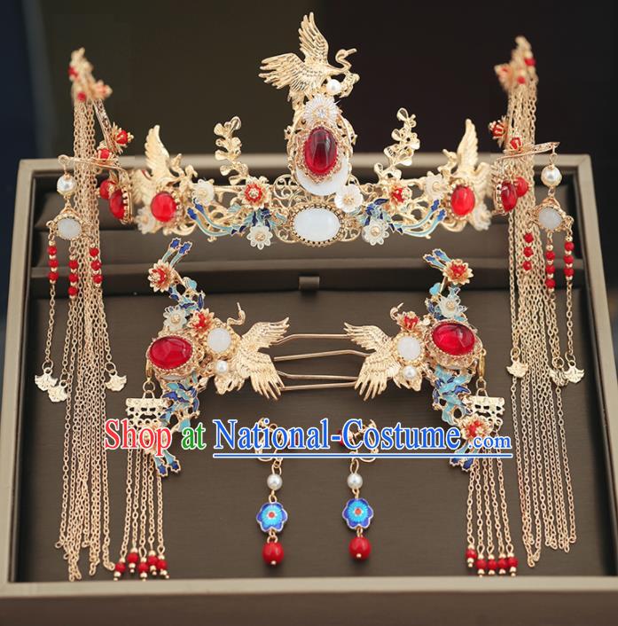 Handmade Chinese Ancient Wedding Blueing Agate Phoenix Coronet Tassel Hairpins Traditional Bride Hanfu Hair Accessories for Women