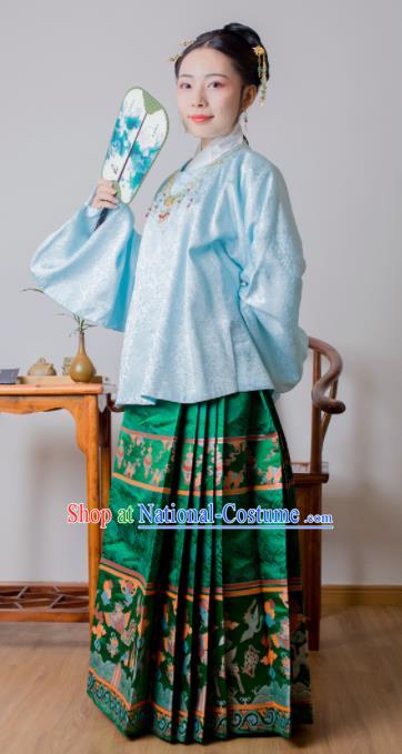 Chinese Ancient Princess Blue Brocade Blouse and Green Skirt Traditional Ming Dynasty Imperial Consort Historical Costume for Women