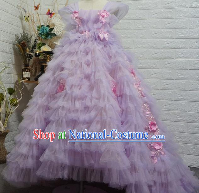 Top Grade Modern Fancywork Court Princess Purple Veil Trailing Dress Catwalks Compere Stage Show Dance Costume for Kids