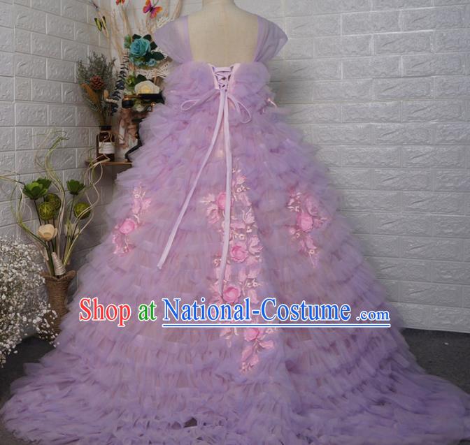 Top Grade Modern Fancywork Court Princess Purple Veil Trailing Dress Catwalks Compere Stage Show Dance Costume for Kids