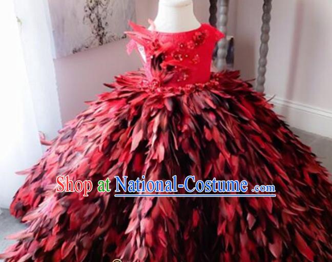 Top Grade Modern Fancywork Court Princess Red Feather Dress Catwalks Compere Stage Show Dance Costume for Kids