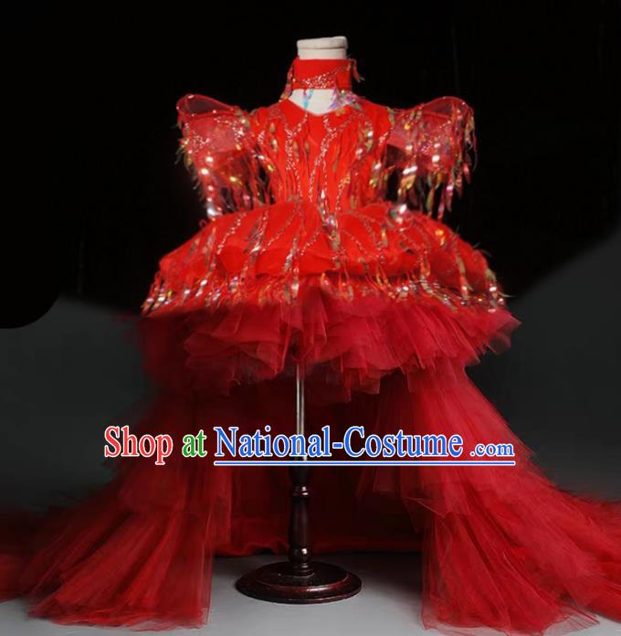 Top Grade Stage Show Costume Catwalks Princess Red Veil Trailing Full Dress for Kids