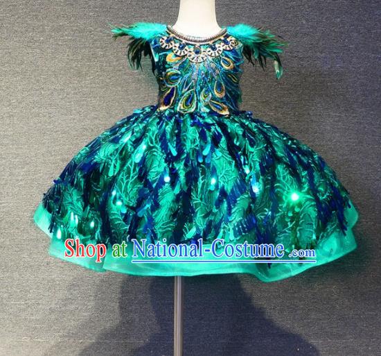 Top Grade Modern Fancywork Court Princess Peacock Feather Green Dress Catwalks Compere Stage Show Dance Costume for Kids