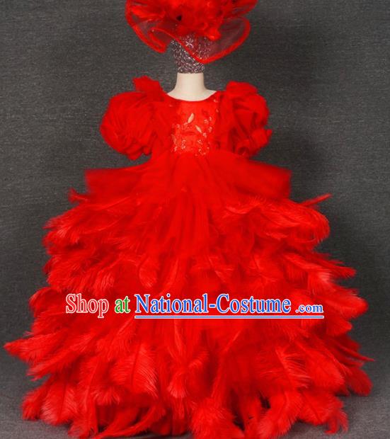 Top Grade Modern Fancywork Court Princess Red Feather Dress Catwalks Compere Stage Show Dance Costume for Kids