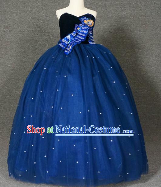 Top Grade Modern Fancywork Court Princess Navy Veil Dress Catwalks Compere Stage Show Dance Costume for Kids