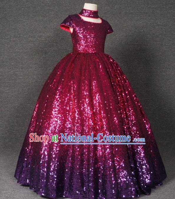 Top Grade Catwalks Court Princess Wine Red Dress Compere Modern Fancywork Stage Show Dance Costume for Kids