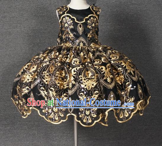 Top Grade Modern Fancywork Court Princess Embroidered Black Dress Catwalks Compere Stage Show Dance Costume for Kids