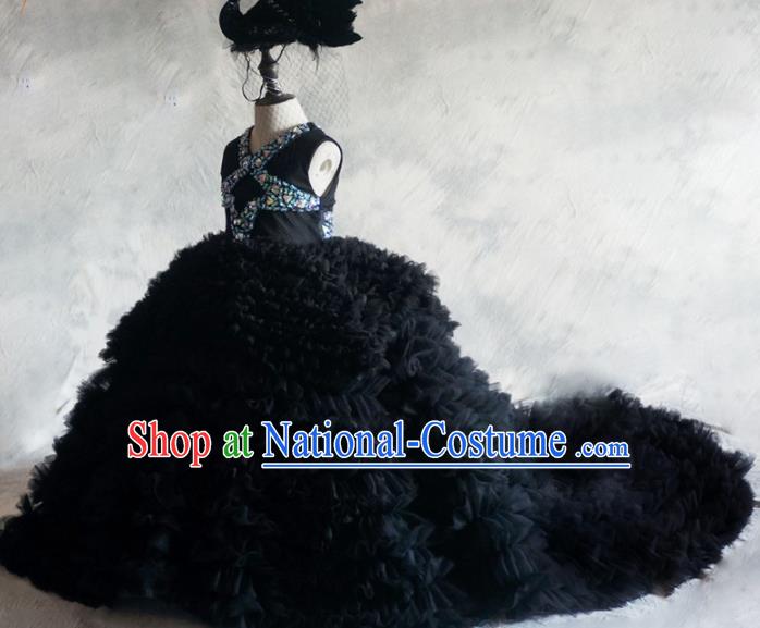 Top Grade Catwalks Stage Show Black Veil Trailing Dress Modern Fancywork Compere Court Princess Dance Costume for Kids