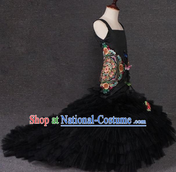 Top Grade Catwalks Stage Show Black Veil Trailing Dress Modern Fancywork Compere Court Princess Dance Costume for Kids