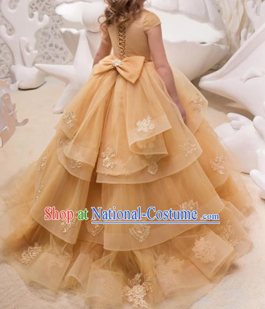 Top Grade Catwalks Stage Show Yellow Veil Dress Modern Fancywork Compere Court Princess Dance Costume for Kids