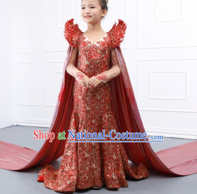 Top Grade Catwalks Stage Show Red Trailing Dress Modern Fancywork Compere Court Princess Dance Costume for Kids