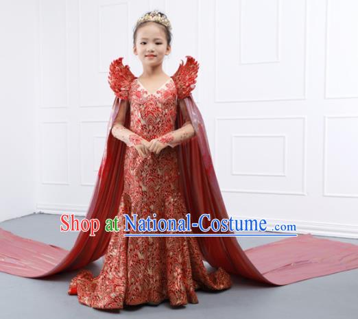 Top Grade Catwalks Stage Show Red Trailing Dress Modern Fancywork Compere Court Princess Dance Costume for Kids