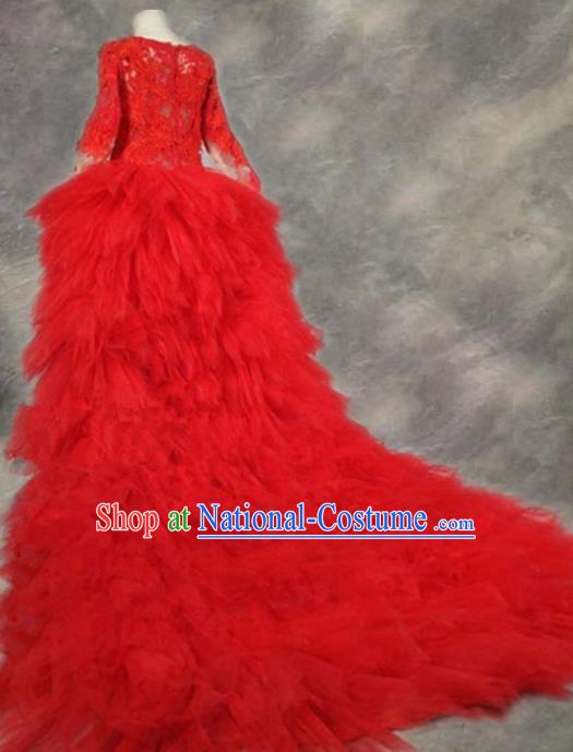 Top Grade Catwalks Stage Show Red Veil Trailing Dress Modern Fancywork Compere Court Princess Dance Costume for Kids