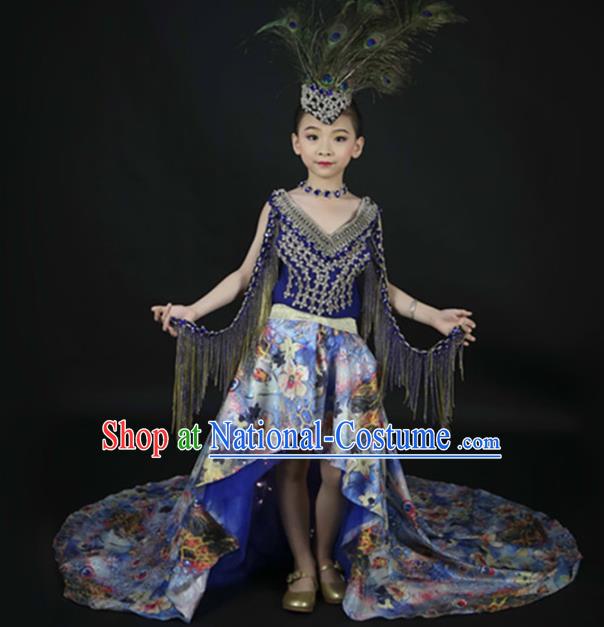 Top Grade Catwalks Stage Show Printing Blue Trailing Dress Modern Fancywork Compere Court Princess Dance Costume for Kids