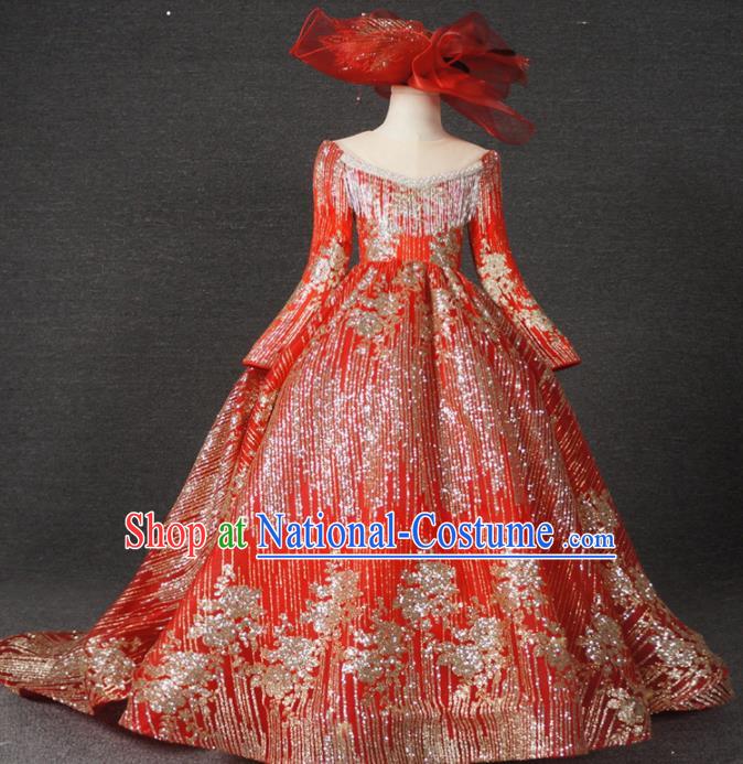 Top Grade Catwalks Court Princess Embroidered Red Dress Compere Modern Fancywork Stage Show Dance Costume for Kids