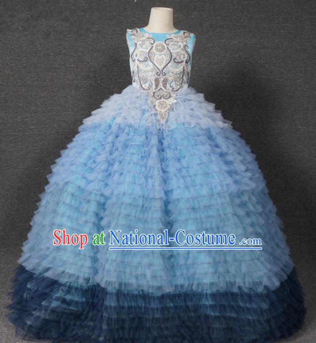 Top Grade Catwalks Court Princess Blue Veil Dress Compere Modern Fancywork Stage Show Dance Costume for Kids