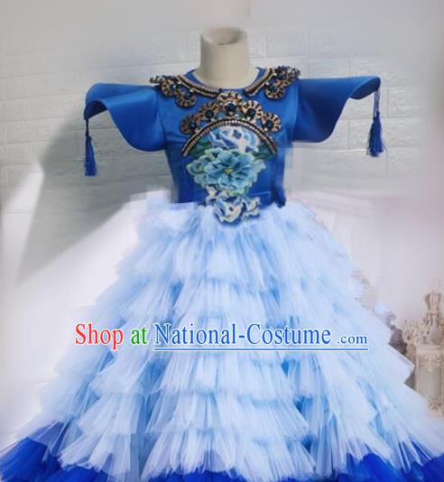 Top Grade Chinese Stage Show Costume Catwalks Dance Blue Full Dress for Kids