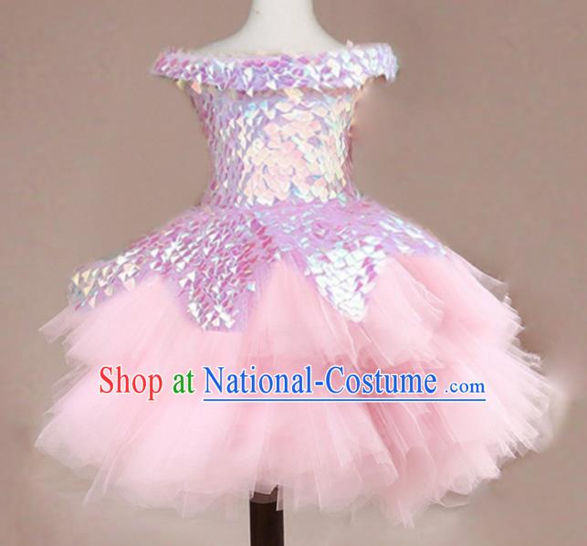 Top Grade Stage Show Dance Compere Pink Veil Bubble Full Dress Catwalks Court Princess Costume for Kids